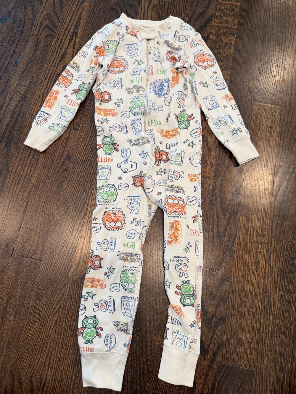 Hanna Andersson White Monster Print Zip One-Piece Pajamas 3T